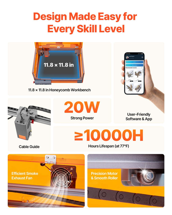 VEVOR Laser Engraver, 20W, Laser Engraving and Cutting Machine with Enclosure, Laser Cutter Engraver Machine, 7000 mm/min, 300 x 300 mm Working Area, for Wood, Leather, Glass, Certain Metal, Class 1