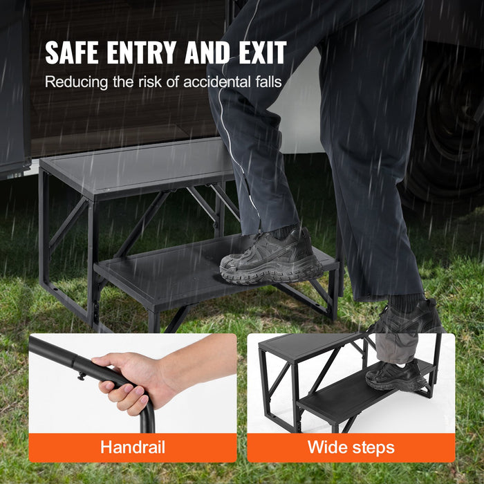 VEVOR RV Steps, 2-Step RV Stairs, 199.58KGS Load Capacity, Thickened Carbon Steel, With Handrail, Non-Slip Steps for Safe Entry and Exit, Suit for RV, Trailer, Camper Steps