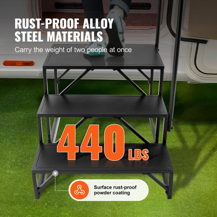 VEVOR RV Steps, 3-Step RV Stairs, 199.58KGS  Load Capacity, Thickened Carbon Steel, With Handrail, Non-Slip Steps for Safe Entry and Exit, Suit for RV, Trailer, Camper Steps