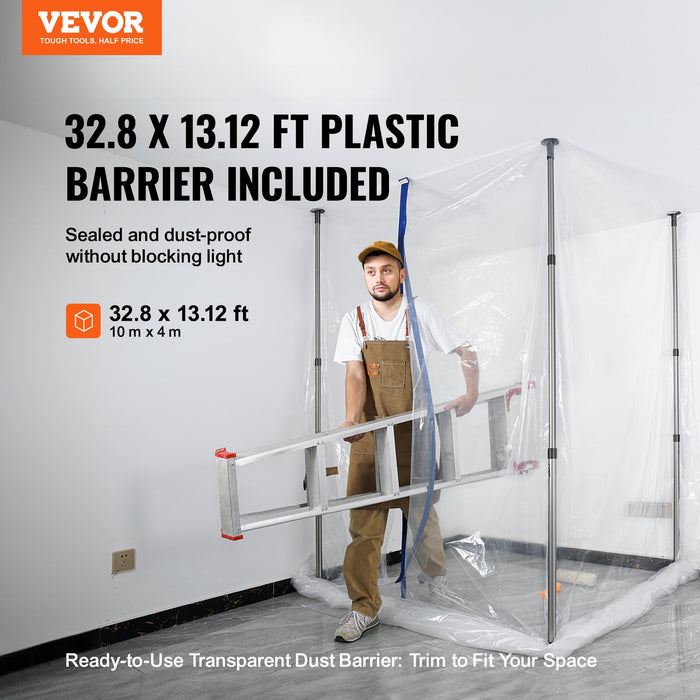 VEVOR Dust Barrier Poles, 10 Ft Barrier Poles, Dust Barrier System with 4 Telescoping Poles, Magnetic Zipper, Carry Bag and 32.8x13.12 Ft Plastic Film, for Interior Decoration, Painting