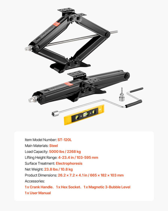 2268 kg RV Scissor Jacks, 10.3-59.5 cm RV Stabilizer Leveling Scissor Jacks, Set of 2, Heavy Duty Stabilizer Jack with Crank Handle, Socket and Bubble Levels, Not Easily Bent or Deformed