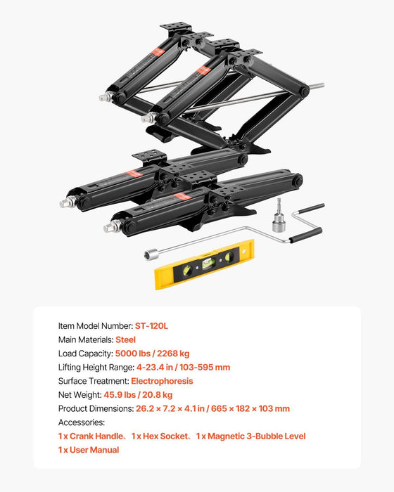 2268 kg RV Scissor Jacks, 10.3-59.5 cm RV Stabilizer Leveling Scissor Jacks, Set of 4, Heavy Duty Stabilizer Jack with Crank Handle, Socket and Bubble Levels, Not Easily Bent or Deformed