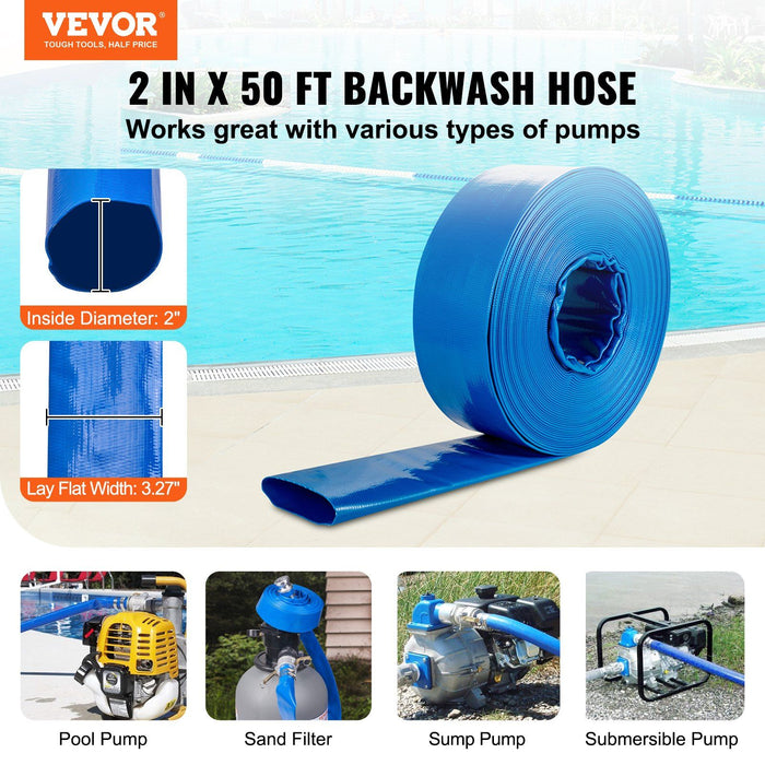 Backwash Hose, 2 in x 50 ft, Heavy-Duty PVC Flat Pool Discharge Hose with Aluminum Camlock C & E Fittings, Clamps, Compatible with Pumps, Sand Filters, for Swimming Pools Waste Water Drain, Blue