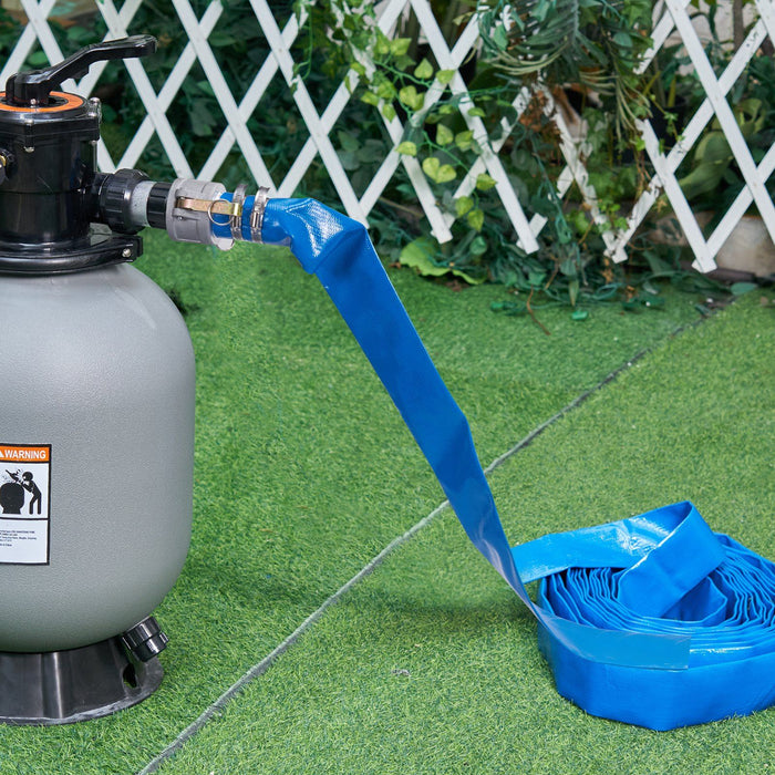 Backwash Hose, 2 in x 50 ft, Heavy-Duty PVC Flat Pool Discharge Hose with Aluminum Camlock C & E Fittings, Clamps, Compatible with Pumps, Sand Filters, for Swimming Pools Waste Water Drain, Blue