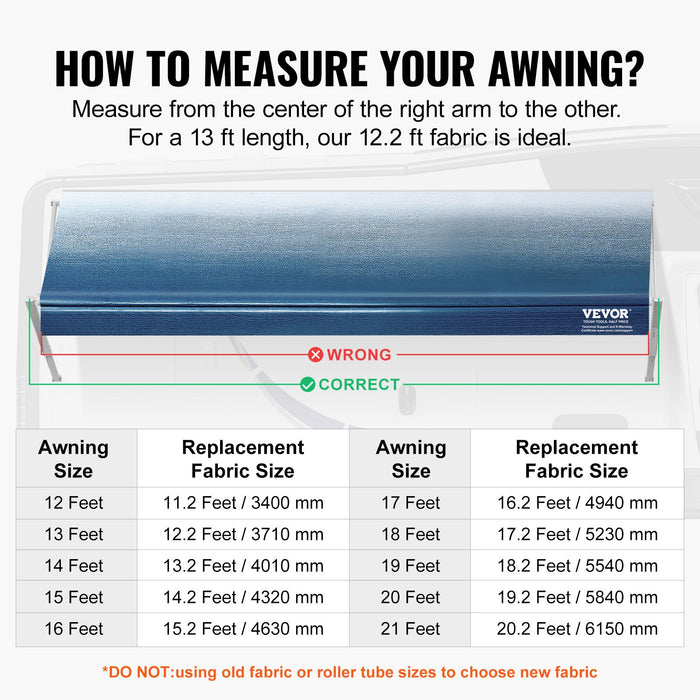 VEVOR RV Awning Fabric Replacement, 3.72m Fabric Length for 3.96mAwning, Heavy Duty 3-Ply 16oz PVC Camper Awning Fabric, Waterproof & UV Protection Outdoor Canopy for RV, Trailer, Motorhome, Blue Fade