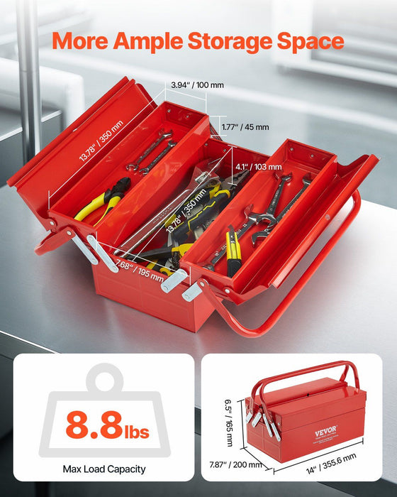 Metal Tool Box, 14-inch, 2-Tier 3-Tray Portable Folding Tool Chest Organizer with Handle & Lock Hole, Powder Coated Steel, Cantilever Toolbox for Household Factory Warehouse Repair Shop, Red