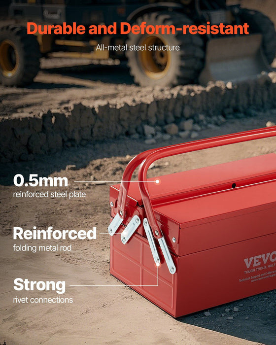 Metal Tool Box, 14-inch, 2-Tier 3-Tray Portable Folding Tool Chest Organizer with Handle & Lock Hole, Powder Coated Steel, Cantilever Toolbox for Household Factory Warehouse Repair Shop, Red