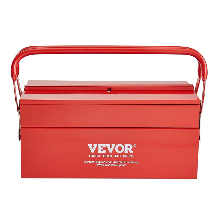 Metal Tool Box, 14-inch, 2-Tier 3-Tray Portable Folding Tool Chest Organizer with Handle & Lock Hole, Powder Coated Steel, Cantilever Toolbox for Household Factory Warehouse Repair Shop, Red