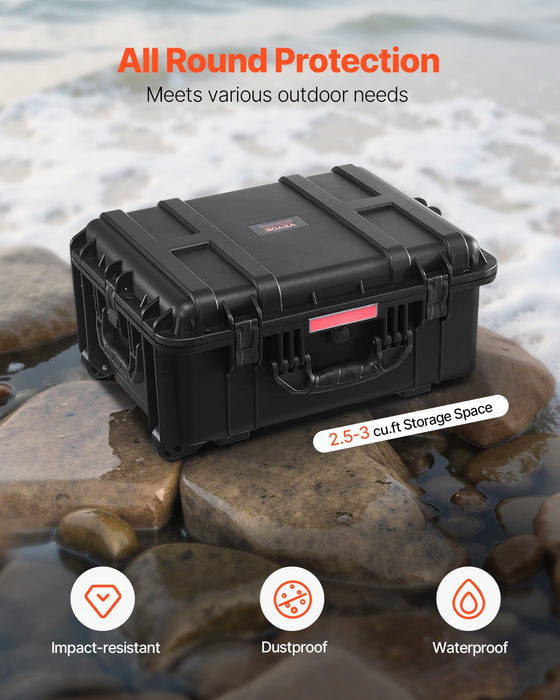 VEVOR 2.5 Cu.ft Weatherproof Hard Case, Waterproof Hard Case with Rolling Wheels and Retractable Pull Handle, IP67 Waterproof Protective Case with 4 Clips, 4 Padlock Holes, and Foam Inserted, Black