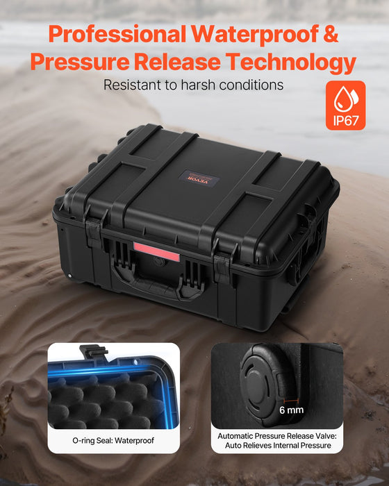 VEVOR 2.5 Cu.ft Weatherproof Hard Case, Waterproof Hard Case with Rolling Wheels and Retractable Pull Handle, IP67 Waterproof Protective Case with 4 Clips, 4 Padlock Holes, and Foam Inserted, Black
