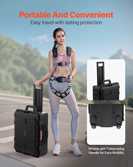 VEVOR 2.5 Cu.ft Weatherproof Hard Case, Waterproof Hard Case with Rolling Wheels and Retractable Pull Handle, IP67 Waterproof Protective Case with 4 Clips, 4 Padlock Holes, and Foam Inserted, Black
