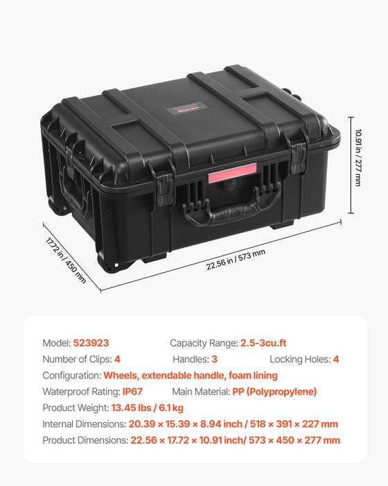 VEVOR 2.5 Cu.ft Weatherproof Hard Case, Waterproof Hard Case with Rolling Wheels and Retractable Pull Handle, IP67 Waterproof Protective Case with 4 Clips, 4 Padlock Holes, and Foam Inserted, Black