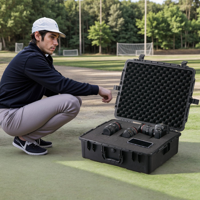 VEVOR Weatherproof Hard Case, Heavy Duty Protective Dry Box Case with Pre-cut Foam, and Retractable Pull Handles for Travel, Hunting, Military, Tactical, IP67 Waterproof Case for Cameras (56.1x37x26)