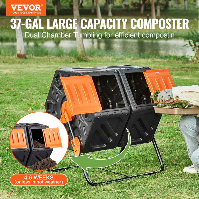VEVOR Compost Bin 37 Gal Dual-Chamber Composter Tumbler Rotating Sliding Doors