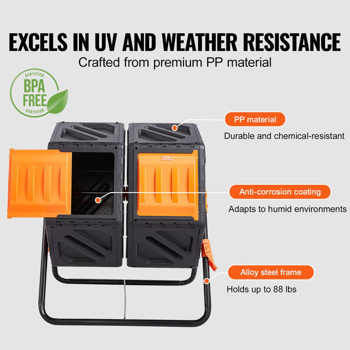 VEVOR Compost Bin 37 Gal Dual-Chamber Composter Tumbler Rotating Sliding Doors
