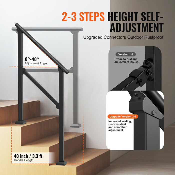 Handrails for Outdoor Steps, 2-3 Step Stair Hand Rail Kit, Transitional Carbon Steel Railings with Installation Kit, Stair Rails for Seniors, Concrete Steps & Porch & Deck, Black Square Tube