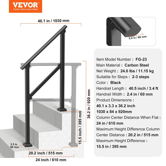 Handrails for Outdoor Steps, 2-3 Step Stair Hand Rail Kit, Transitional Carbon Steel Railings with Installation Kit, Stair Rails for Seniors, Concrete Steps & Porch & Deck, Black Square Tube