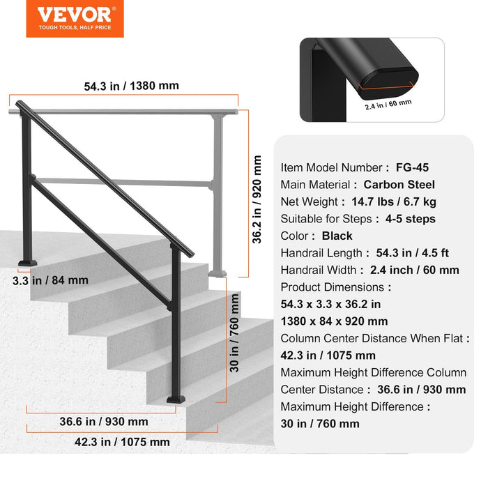 Handrails for Outdoor Steps, 4-5 Step Stair Hand Rail Kit, Transitional Carbon Steel Railings with Installation Kit, Stair Rails for Seniors, Concrete Steps & Porch & Deck, Black Square Tube