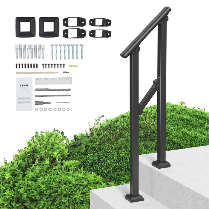 VEVOR Handrails for Outdoor Steps, 1-2 Step Stair Hand Rail Kit, Transitional Carbon Steel Railings with Installation Kit, Stair Rails for Seniors, Concrete Steps & Porch & Deck, Black Square Tube