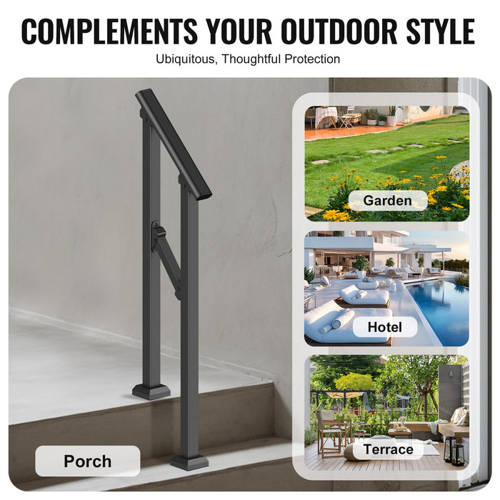 VEVOR Handrails for Outdoor Steps, 1-2 Step Stair Hand Rail Kit, Transitional Carbon Steel Railings with Installation Kit, Stair Rails for Seniors, Concrete Steps & Porch & Deck, Black Square Tube