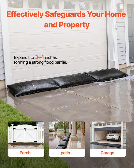 VEVOR Flood Barrier, 6 Pack, 830 x 430 mm Flood Bags Activated by Water, Reusable Water Absorbent Barrier, Sandless Sandbags Blockage, Flooding Prevention Bags for Home, Doorways, Basement, Garage