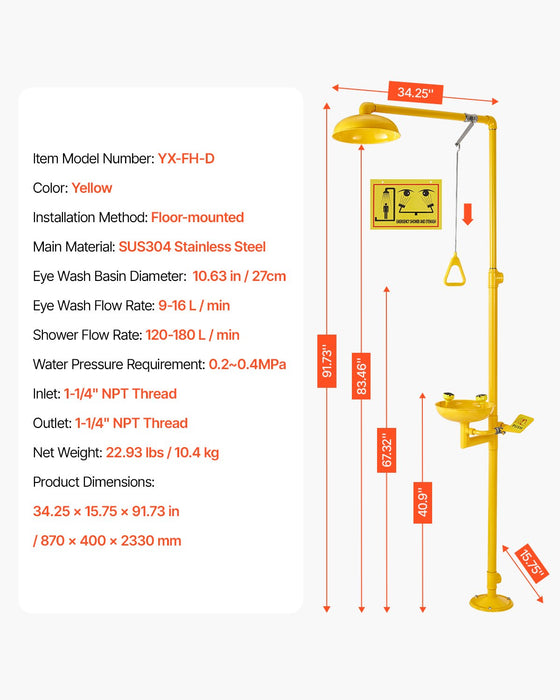 VEVOR Emergency Shower Eye Wash Station, 34.25 x 15.75 x 91.73 Inch 304 Stainless Steel Eyewash and Shower Combination, OSHA-Approved First Aid Eye Wash Station, for Schools, Labs, Factories, Yellow