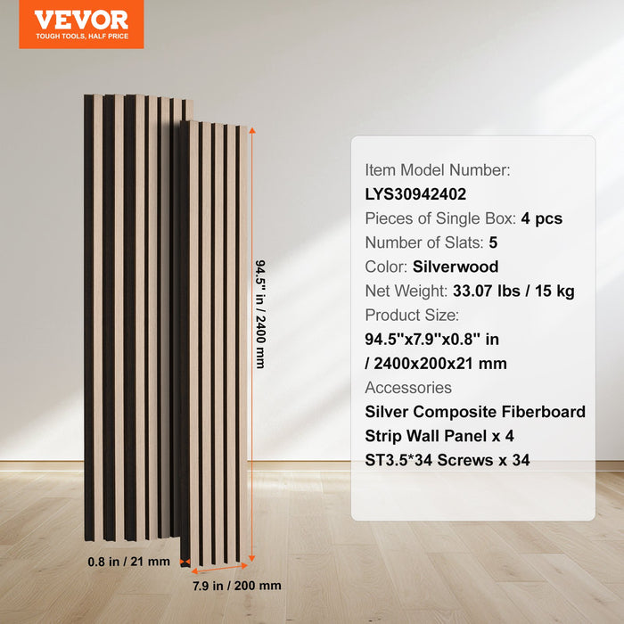 VEVOR Wood Slat Acoustic Panels, 7.9 x 94.5 inch, MDF Accent Wooden Wall Panels for Modern Interior Wall Decor, Faux Wood Wall Board Panels for Noise Reduction, Silver Wood