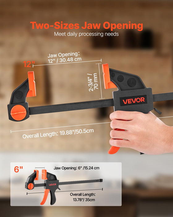 VEVOR Bar Clamps for Woodworking, 2-Pack 30.48 cm and 2-Pack 15.24 cm, One-Handed Clamp/Spreader, Quick-Grip F-Clamp with 70 kg Load Limit, Premium Plastic and Steel, for Woodworking Metal working