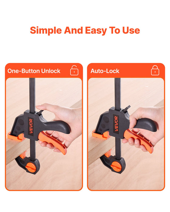 VEVOR Bar Clamps for Woodworking, 2-Pack 30.48 cm and 2-Pack 15.24 cm, One-Handed Clamp/Spreader, Quick-Grip F-Clamp with 70 kg Load Limit, Premium Plastic and Steel, for Woodworking Metal working