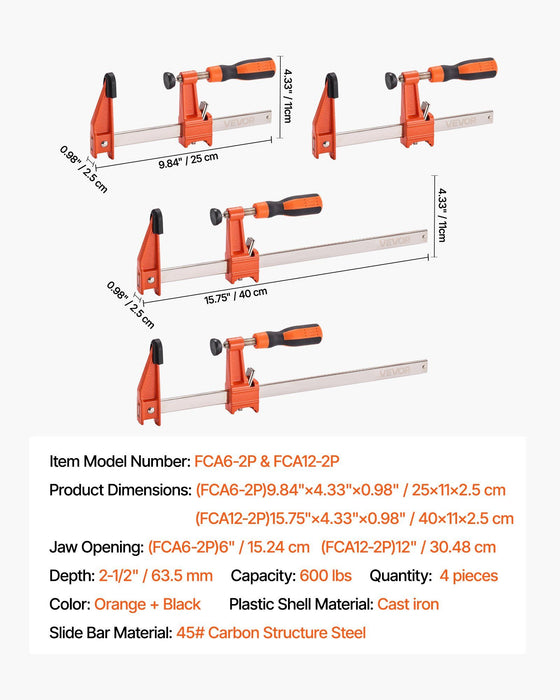 Bar Clamps for Woodworking, 2-Pack 15.24 cm and 2-Pack 30.48 cm, Lockable F-Clamp with 272 kg Load Limit, 63.5 mm Depth, Cast Iron and Carbon Steel, Wood Clamps for Woodworking Metal Working