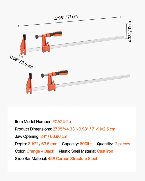Bar Clamps for Woodworking, 2-Pack 610 mm Opening, Lockable F-Clamp with 272 kg Load Limit, 63.5 mm Depth, Cast Iron and Carbon Steel, Easy to Use, Wood Clamps for Woodworking Metal Working