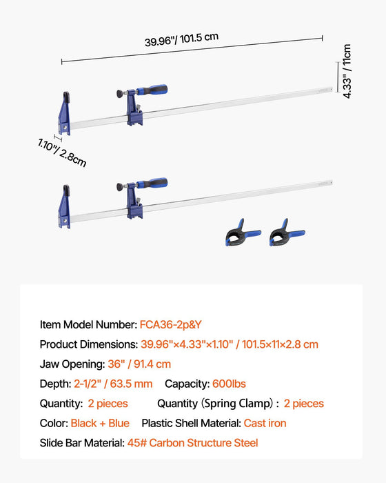 Bar Clamps for Woodworking, 2-Pack 91.4 cm Opening, Lockable F-Clamp with 272 kg Load Limit,63.5 mm Depth, Cast Iron and Carbon Steel, Easy to Use, Wood Clamps for Woodworking Metal Working