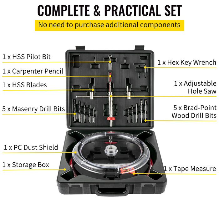 VEVOR Adjustable Hole Saw Cutter Kit, 1-5/8\" to 11-13 /16\" (40-300 mm), Recessed Hole Saw with PC Dust Shield, Two Replaceable Pilot Drill Bits, for Recessed Lights, Ceiling Speakers, Vent Holes