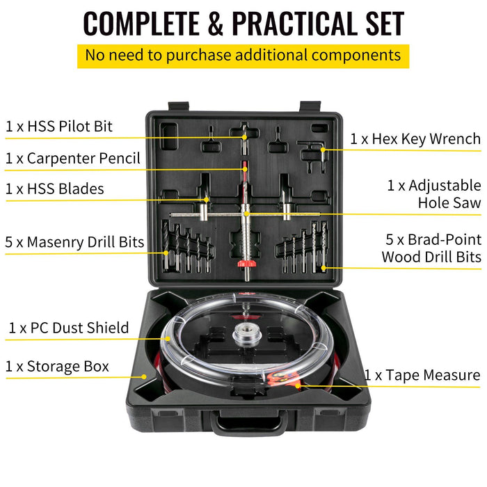 Adjustable Hole Saw Cutter Kit, 1-5/8" to 8" (40-200 mm), Two Replaceable Pilot Drill Bits, Twin Blade Recessed Hole Saw with PC Dust Shield, for Recessed Lights, Ceiling Speakers, Vent Holes