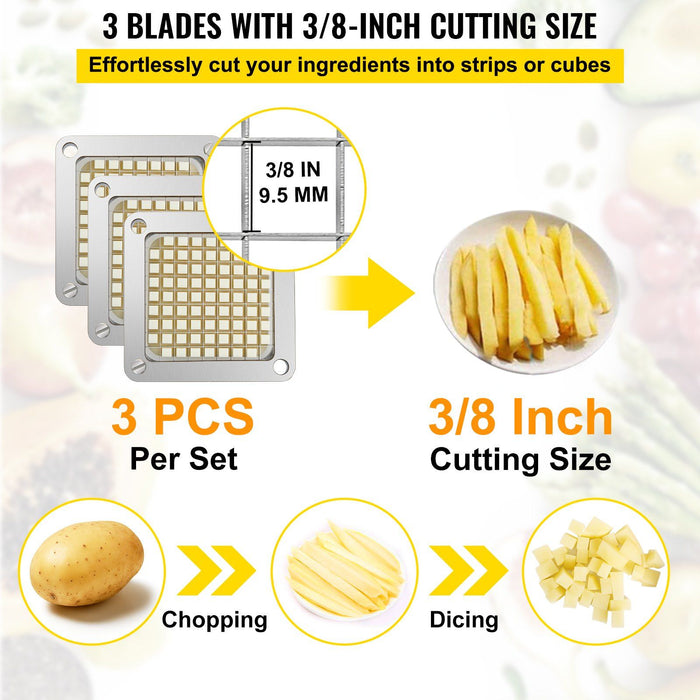 Replacement Chopper Blade, 3/8 inch, 3 PCS French Fry Blade Assembly with 6 Extra Knives, Stainless Steel Dicer Parts and Push Block for Cutting Potatoes Carrots Onions Cucumbers Mushrooms