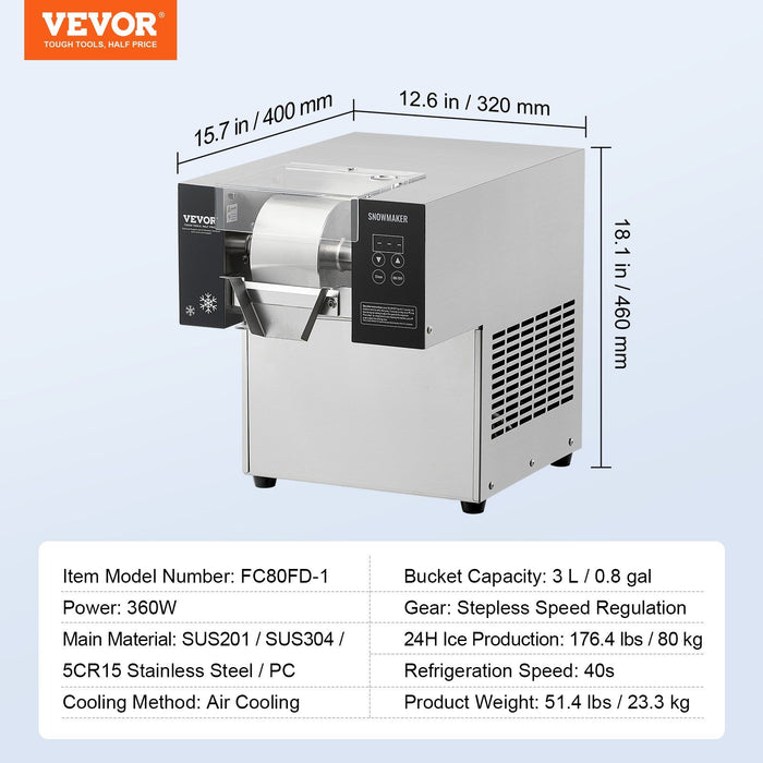 Commercial Snowflake Ice Machine, 176.4LBS/24H Snowflake Ice Maker, Stainless Steel Ice Shaver Machine, Electric Snow Cone Maker, Air Cooling System for Rapid Heat Dissipation, for Bakery, Cafe