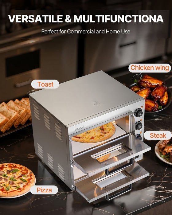 Commercial Pizza Oven Countertop, 16-Inch Double Deck Layers, Stainless Steel Electric Pizza Oven with Stone and Handle, Multipurpose Indoor Pizza Maker for Restaurant Home Pretzels Baked