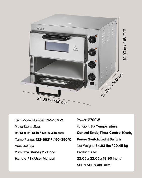 Commercial Pizza Oven Countertop, 16-Inch Double Deck Layers, Stainless Steel Electric Pizza Oven with Stone and Handle, Multipurpose Indoor Pizza Maker for Restaurant Home Pretzels Baked