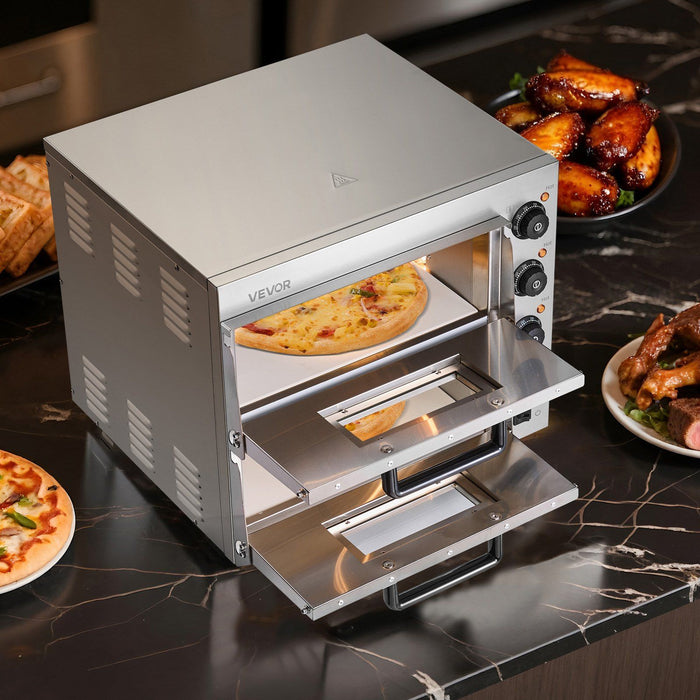 Commercial Pizza Oven Countertop, 16-Inch Double Deck Layers, Stainless Steel Electric Pizza Oven with Stone and Handle, Multipurpose Indoor Pizza Maker for Restaurant Home Pretzels Baked