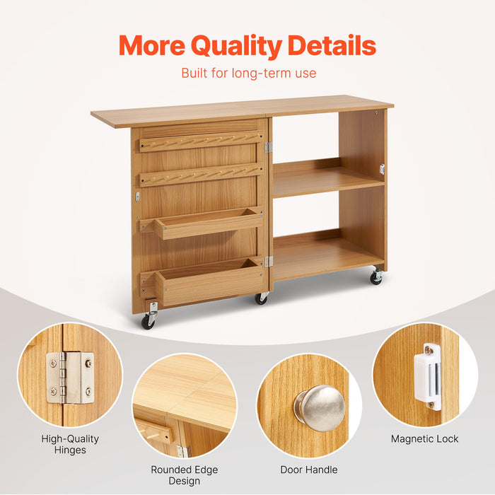 VEVOR Folding Sewing Table with Lockable Wheels Shelves Trays Door Wood Color