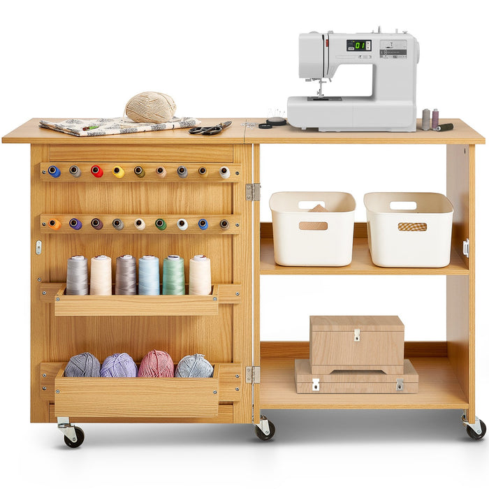 VEVOR Folding Sewing Table with Lockable Wheels Shelves Trays Door Wood Color
