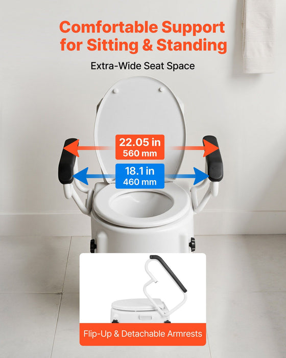 Raised Toilet Seat with Arms, 136.1 kg Load Capacity, 3-Level Adjustable Height, Widened Commode Elevated Toilet Seat Riser with Padded Handles for Seniors, Elderly, Handicap, Disabled, Adults