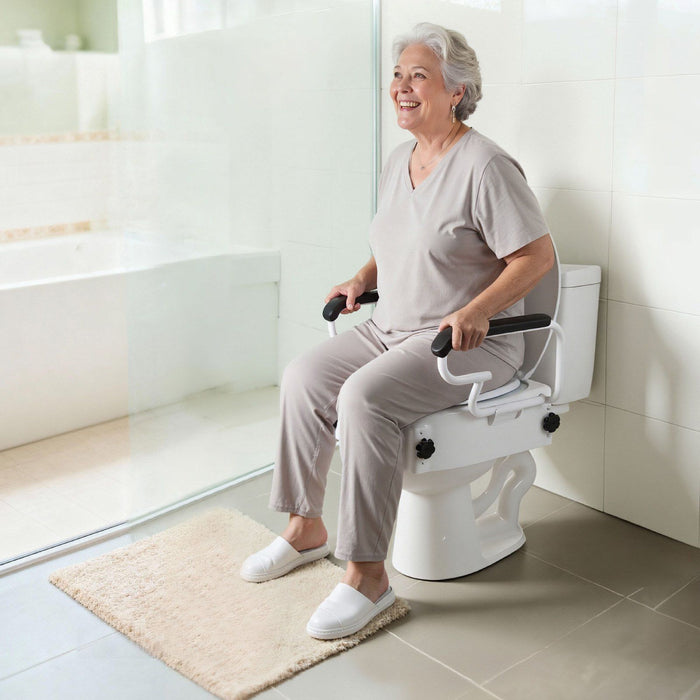 Raised Toilet Seat with Arms, 136.1 kg Load Capacity, 3-Level Adjustable Height, Widened Commode Elevated Toilet Seat Riser with Padded Handles for Seniors, Elderly, Handicap, Disabled, Adults