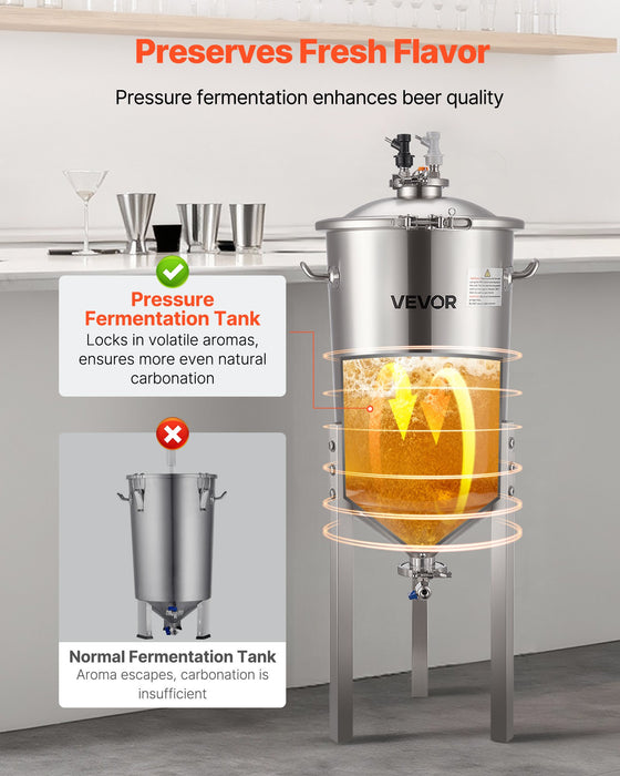 VEVOR Stainless Steel Conical Fermenter, 8 Gal/30L Home Brewing Fermenation Tank, Brew Bucket Fermentor with Conical Bottom, 3 Adjustable Legs, Lid, Handle & Thermometer, for Wine, Beer Fermentation