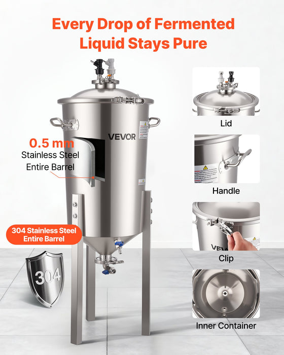 VEVOR Stainless Steel Conical Fermenter, 8 Gal/30L Home Brewing Fermenation Tank, Brew Bucket Fermentor with Conical Bottom, 3 Adjustable Legs, Lid, Handle & Thermometer, for Wine, Beer Fermentation