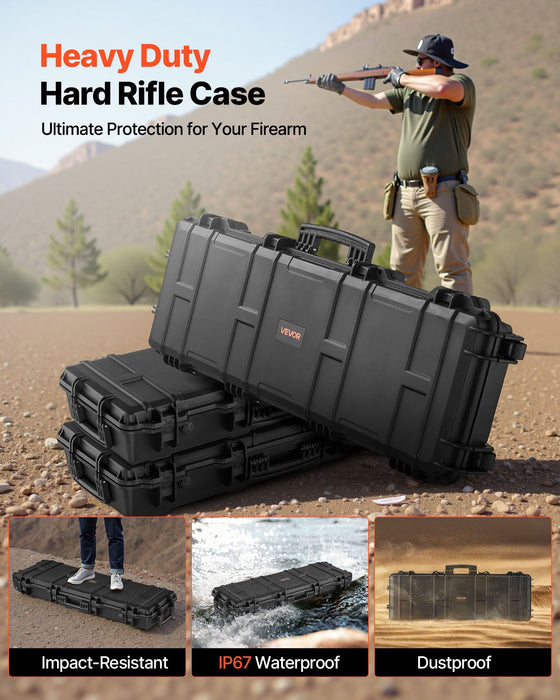 Hard Rifle Case, Lockable Rifle Case with Pre-cut Foams, 1016 mm Gun Storage with Wheels, IP67 Waterproof & Dustproof Movable Large Pistol Storage for Rifles, Shotguns, Airsoft Guns, Black