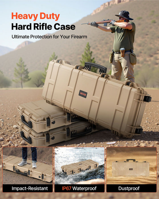 Hard Rifle Case, Lockable Rifle Case with Pre-cut Foams, 1016 mm Gun Storage with Wheels, IP67 Waterproof & Dustproof Movable Large Pistol Storage for Rifles, Shotguns, Airsoft Guns, Khaki