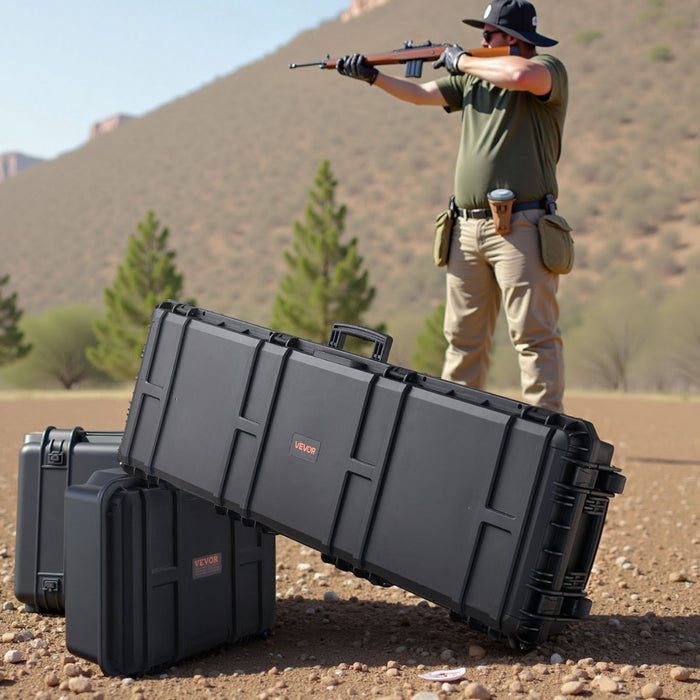 Hard Rifle Case, Lockable Rifle Case with Pre-cut Foams, 1320 mm Gun Storage with Wheels, Heavy Duty IP67 Waterproof & Dustproof Pistol Storage Cases for Rifles, Shotguns, Airsoft Guns, Black