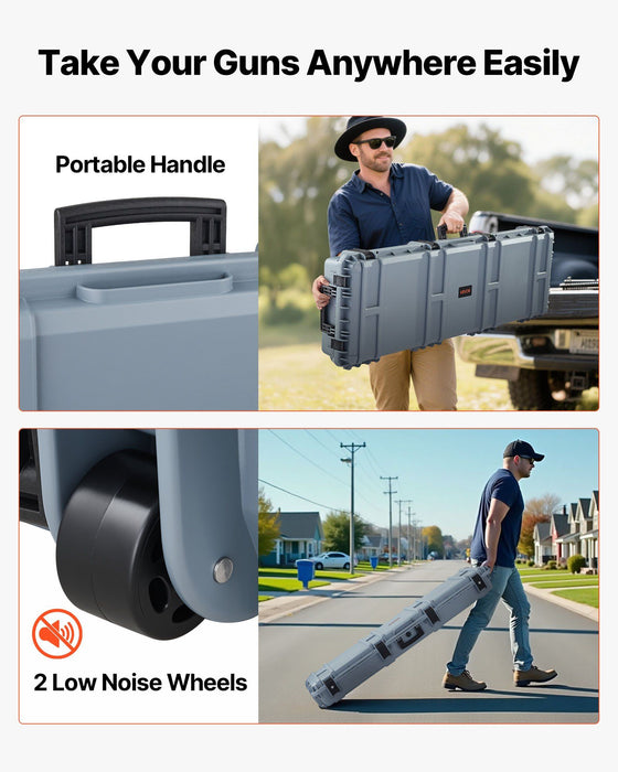Hard Rifle Case, Lockable Rifle Case with Pre-cut Foams, 1320 mm Gun Storage with Wheels, Heavy Duty IP67 Waterproof & Dustproof Pistol Storage Cases for Rifles, Shotguns, Airsoft Guns, Grey