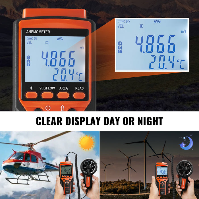 VEVOR Split Handheld Anemometer, Digital Wind Speed CFM Meter Gauge with LED Backlight Screen, Measures Wind Velocity Wind Temperature Air Flow Wind Chill, for Sailing Surfing Flying HVAC